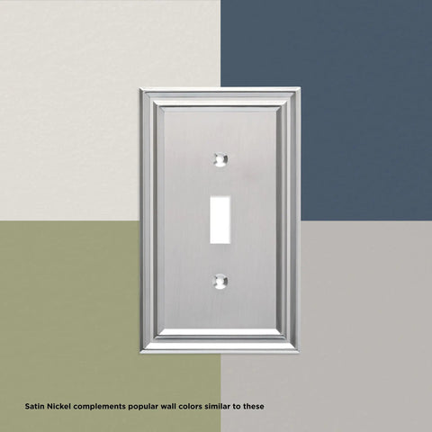 Beaded Single Toggle Wall Plate 1 Gang ETL Certified GFI Outlet Decorative Switch Cover in Modern Brushed Nickel Finish, wall colors shown