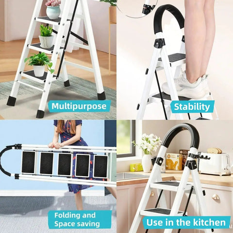 Four Step Folding Ladder For Home Office Kitchen And Garage, Portable And Space Saving Stool With Anti Slip Feet, Easy Storage, Sturdy Durable Construction, Compact Multi Use Step Ladder For Every Room. White metal 4-step folding ladder in kitchen and home use.