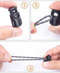 20 Pack Plastic Spring Cord Locks Toggle Stoppers for Paracord Drawstrings and Elastic Laces in use with hands demonstrating