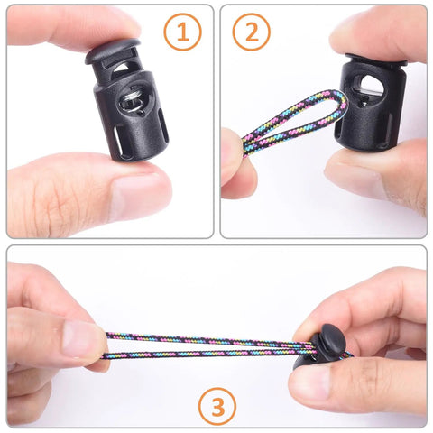 20 Pack Plastic Spring Cord Locks Toggle Stoppers for Paracord Drawstrings and Elastic Laces in use with hands demonstrating
