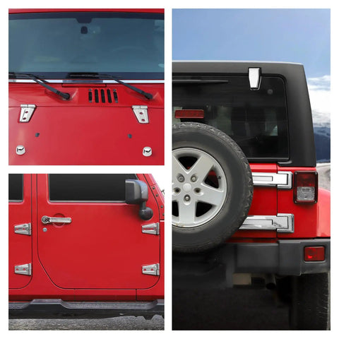 Premium 48Pc Chrome Exterior Trim Decor Kit For Jeep Wrangler JK And JKU Models Covers Handles Hinges Hood Caps Spare Tire Lids Perfect Fitment Stylish Upgrade Made Right Now, chrome ABS set on red Jeep JK