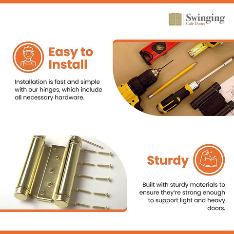 Tools and screws with heavy duty 6 inch double action swinging door hinge for saloon and cafe bar doorways, brass finish