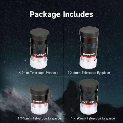 Ultra Wide 68 Degree 1.25 Inch Eyepiece Set For Telescopes With FMC Green Film Optics Includes 6mm 9mm 15mm 20mm, package