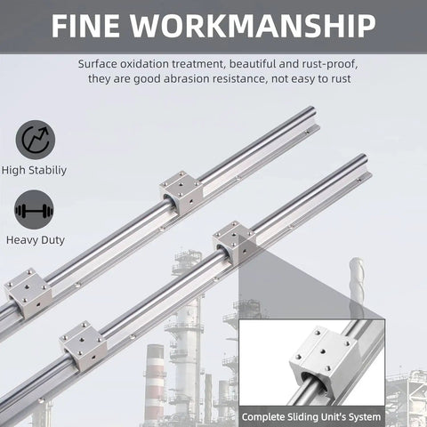 Four 1500mm SBR20 Linear Rails Kit With Eight SBR20UU Blocks For CNC Machines And 3D Printers Built Tough With Fully Supported Ball Bearing Guide Rails Includes Dowels And Hardware