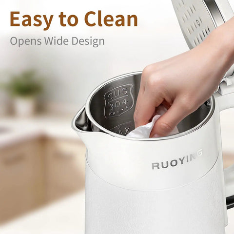 Person cleaning Grab And Go Travel Ready Electric Kettle 0.8L, Ultra Portable Double Wall Stainless Steel Boiler with 304 Food Grade Seamless Inner Tank.