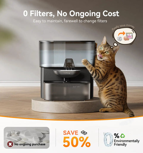 Wireless Cat Water Fountain With No Filters And Wastewater Separation, 3.5L stainless steel bowl beside intrigued cat.