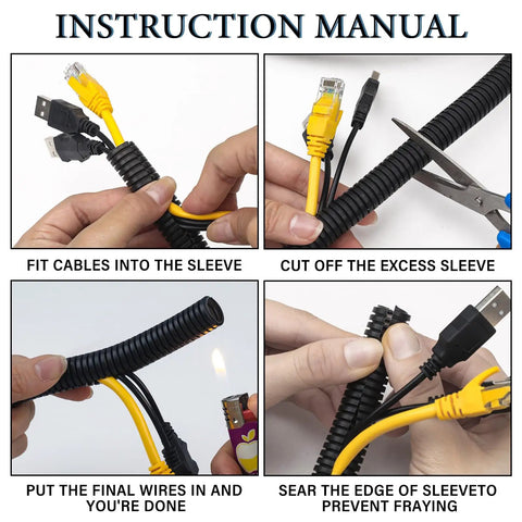 Instruction manual demonstrating Split Wire Loom Tubing, Heavy Duty High Temperature Flame Retardant Cable Sleeve use.