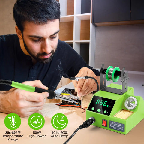 Man using 100W Digital Soldering Station Kit With 2 Helping Hands, Fast Heat, Big LED Display, Temperature Range 180 Celsius To 480 Celsius, Celsius Fahrenheit Conversion, Auto Sleep, Includes Solder Wire And Tools, Green, on a circuit board.