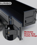 Heavy Duty Weld On Dump Trailer Hinge Set With Zerk Grease Fitting on black dump trailer, close-up of hinge detail, raw finish
