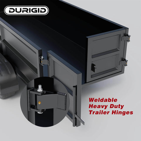 Heavy Duty Weld On Dump Trailer Hinge Set With Zerk Grease Fitting on black dump trailer, close-up of hinge detail, raw finish
