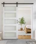 34 X 84 Inch Glass Barn Door With 6 Ft Sliding Hardware Kit And Handle, Pre Drilled Ready To Assemble, Waterproof PVC Coating, White, 5 Panel Glass, Frosted On One Side And Clear On The Other, Space Saving Modern Interior Door installed in living room