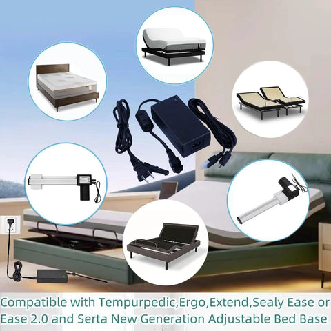 29V Adjustable Bed Power Supply Replacement Cord Three Piece Set For L300 Ergo Extend Sealy Ease 2.0 Serta New Generation Motion Essentials 2.0 SmartMotion Beds Wide Compatibility Plug And Play, shown with various bed bases and components, highlighting compatibility and LED indicator.