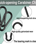 Heavy Duty 10 Pack 2 Inch Black Carabiner Clips With 220 Lbs Holding Capacity Stainless Steel Spring Snap Hooks For Hammock Swing Outdoor Travel Gear Essentials, anti-misopening lock, galvanised wear, bearing mark visible.