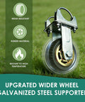Built Tough 5 Inch Gate Support Wheel with zinc finish and rugged rubber tire on grass, highlighting material benefits icons.