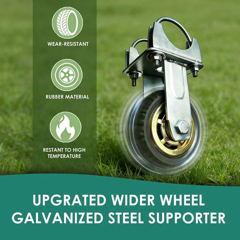 Built Tough 5 Inch Gate Support Wheel with zinc finish and rugged rubber tire on grass, highlighting material benefits icons.