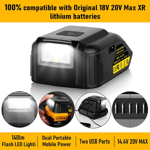 Dewalt 20V USB Battery Adapter Charger with LED Work Light, DC Port, Dual USB Ports, shown in black, compatible with Li Ion batteries.