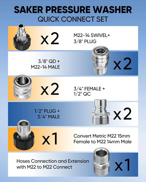 Saker pressure washer quick-connect hose connector set, 10-piece metal adapters with M22 to 3/8, 3/4 to 1/2, storage bag