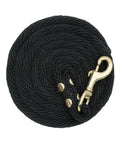 Coiled Black Poly Lead Rope For Horses Eight Feet Long Five Eighth Inch Thick With Soft Feel and Brass Snap Hook