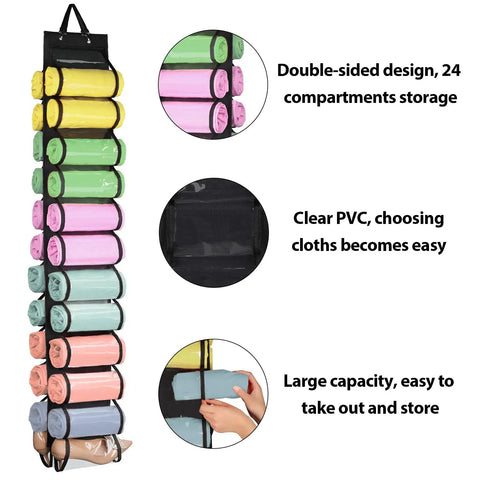 Get Your Closet Organized With This Super Cool Hanging Organizer Designed For Leggings Jeans And Clothes Featuring Twenty Four Compartments For Easy Storage And Access Every Time, shown hanging with colorful rolls.