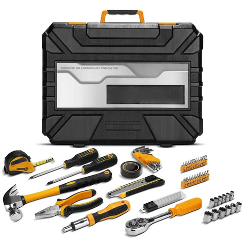 All Purpose Home Repair Tool Kit 62 100 128 158 196 Piece Set in durable plastic storage case with assorted tools displayed
