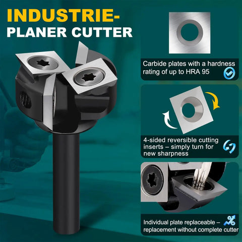 Beefy Spoilboard Surfacing Router Bit With One Quarter Inch Shank And One Inch Cutting Diameter, Four Wing Precision Flattening Bit For Woodworking, Slab Surfacing, Planing And High Speed Material Removal displaying carbide inserts.
