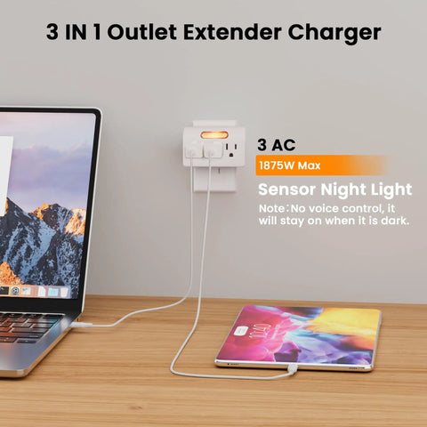 Plenty Of Power Now Super Slim 3 Plug Extender With Soft Led Guide Light 1875W grounded wall splitter in use, charging devices.