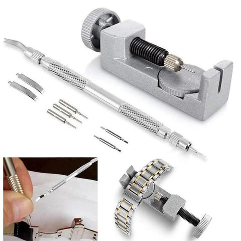 Watch Band Link Removal Kit With Spring Bar Tool Replacement Tool Wristwatch Pin Pushers And Four Extra Pins, visible tools.