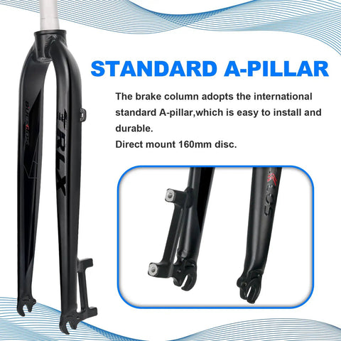 Rigid Mountain Bike Fork For 26/27.5/29 Inch Wheels, 1 1/8 Inch Threadless Straight Steerer, 9x100mm QR, Post Mount Disc Brake For 160mm Rotors, Beefy Aluminum Alloy, Ultra Lightweight Front Fork With 2.4 Inch Tire Clearance, showing standard A-pillar mount.