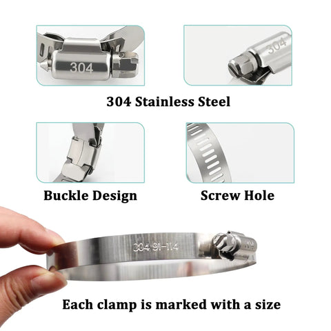 Close-up of Six Piece Stainless Steel Hose Clamp Set for Ducts and Air Venting including 4 Inch and 6 Inch Clamps, rust-proof 304 grade