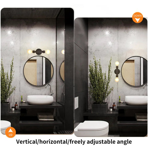 Vintage Edison Vibe Two Light Bathroom Vanity Wall Sconce In Black Finish installed over round mirror in modern bathroom