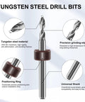 Close-up of tungsten steel drill bit with labels for material, grinding edge, positioning ring, and universal shank features