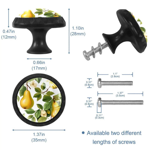 Snazzy Pear Shaped Cabinet Knobs 4 Pack Drawer Pulls with multicolor print and measurement details, screws included