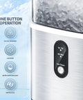 Chewable Nugget Ice Maker Countertop With One Touch Operation, Self Cleaning, Slick Silver with ice indicator and buttons visible.