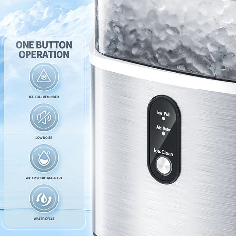 Chewable Nugget Ice Maker Countertop With One Touch Operation, Self Cleaning, Slick Silver with ice indicator and buttons visible.