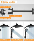 3 spray modes of Matte Black High Flow Stainless Steel Shower System With 8 Inch Rainfall Showerhead And 59 Inch Hose, 5 Setting Handheld, Adjustable Bracket And Extension Arm, Three Way Diverter, Pro Grade Boss Level Spray