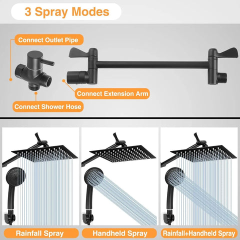 3 spray modes of Matte Black High Flow Stainless Steel Shower System With 8 Inch Rainfall Showerhead And 59 Inch Hose, 5 Setting Handheld, Adjustable Bracket And Extension Arm, Three Way Diverter, Pro Grade Boss Level Spray
