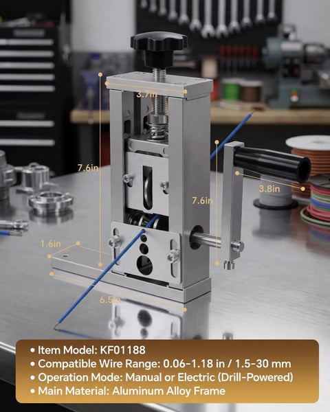 Heavy Duty Professional Grade Wire Stripping Machine That Shreds Thick Cables With No Sweat Manual Or Electric Drill Powered Cable Stripper Tool For Scrap Wiring And Dependable Jobs showing aluminum alloy frame and wire feed.