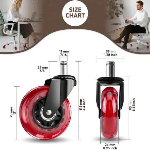 Size chart for Premium Three Inch Office Chair Wheels In Bold Red Set Of Five Featuring Universal Standard Stems.
