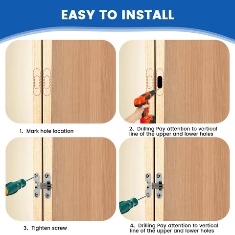 Installation steps for Hidden Cabinet Hinges 1-3/4 Inch 180 Degree Invisible Cross Swing No Visible Hardware Frameless Cabinets with Screws.