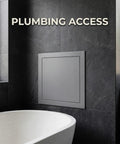 Top Tier Aluminum Access Panel For Drywall Featuring No Sweat Push To Open Flush Mount Latch Built For Paintable Wall And Ceiling Plumbing Electrical Repairs Runs Smooth In White 18X32 Size Looking Sharp, installed in a modern bathroom with dark tiles.