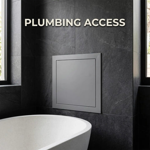 Top Tier Aluminum Access Panel For Drywall Featuring No Sweat Push To Open Flush Mount Latch Built For Paintable Wall And Ceiling Plumbing Electrical Repairs Runs Smooth In White 18X32 Size Looking Sharp, installed in a modern bathroom with dark tiles.
