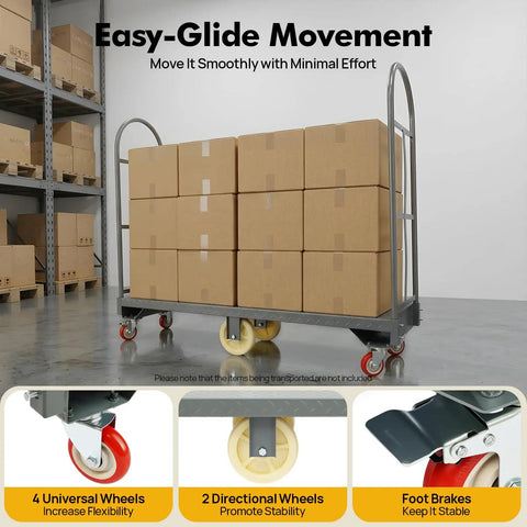 Beefy Heavy Duty 2000 Lb U Boat Cart Platform Truck Dolly For Warehouse Moving And Material Handling, Steel Frame With A 2mm Thick Platform, Durable Utility Cart For Boxes Equipment And Supplies loaded with boxes in warehouse