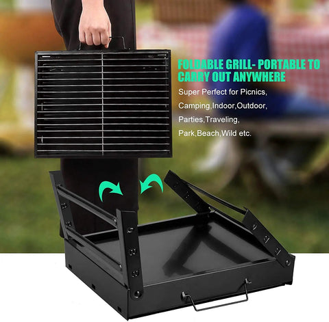Portable Folding Charcoal Grill For Outdoor BBQ On The Go Stainless Steel Tabletop Smoker being carried by a handle