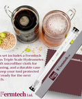 Glass Triple Scale Hydrometer Kit For Testing Specific Gravity Brix And ABV In Wine Beer Mead And Kombucha With Microfiber Cloth And Storage Case Aimed At Homebrew Enthusiasts Of All Skill Levels, shown with case and cloth