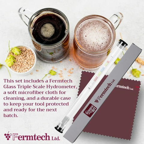 Glass Triple Scale Hydrometer Kit For Testing Specific Gravity Brix And ABV In Wine Beer Mead And Kombucha With Microfiber Cloth And Storage Case Aimed At Homebrew Enthusiasts Of All Skill Levels, shown with case and cloth