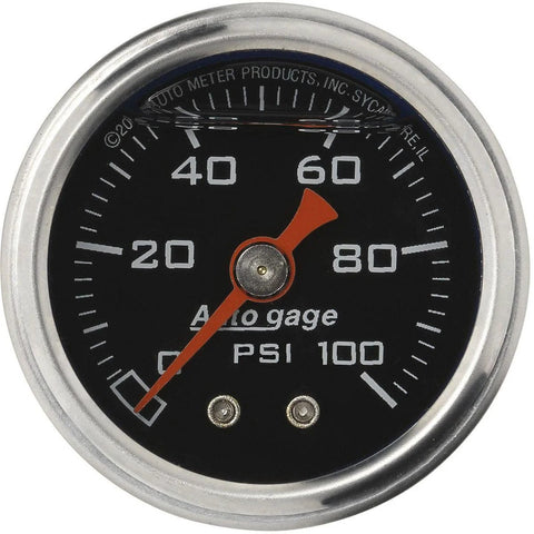 Front view of Auto Meter 2174 Autogage fuel pressure gauge, black face, orange needle, 0–100 PSI, round silver bezel