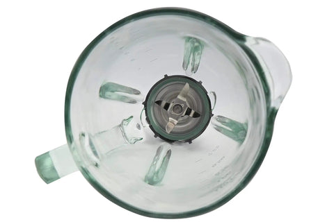 Top view of Replacement 48 Ounce Glass Jar Set For Blenders 6 Piece Cup Assembly with blade and handle, fits Oster blenders.