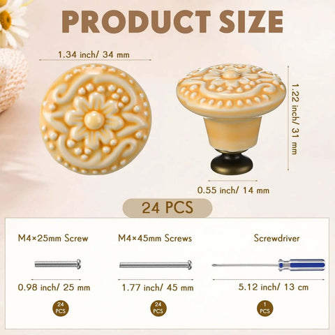Deadset Classic Light Yellow Ceramic Cabinet Knobs Bundle Featuring 24 Round Vintage Drawer Pulls With Complete Mounting Hardware for product size details.