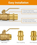 Heavy Duty 1/4 Inch NPT Female To Female Brass Hex Coupler Pipe Fitting 8 Pack Air Hose Adapter with ball valve and hex fittings.