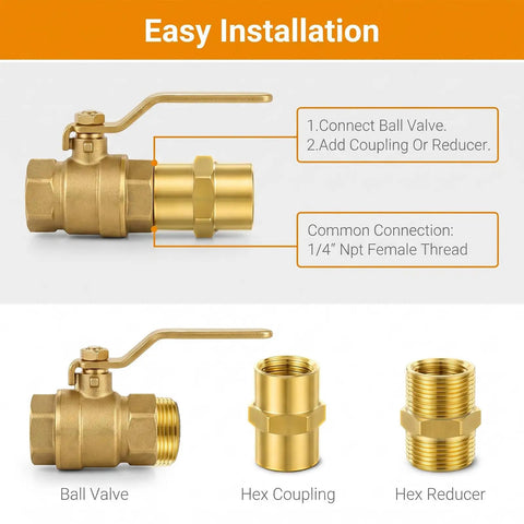 Heavy Duty 1/4 Inch NPT Female To Female Brass Hex Coupler Pipe Fitting 8 Pack Air Hose Adapter with ball valve and hex fittings.